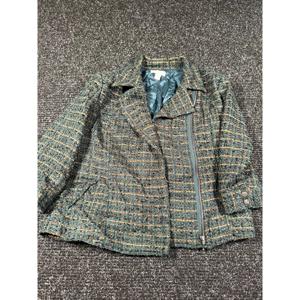 Coldwater Creek Womens 12 Tweed Moto Jacket Wool Blend Green Copper Zip Lined